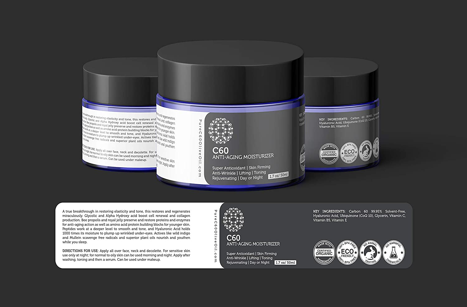 PureC60OliveOil Carbon 60 Anti-Aging Moisturiser 50ml with Hyaluronic Acid, Vitamins B + C + E & CoQ 10 for Men & Women Made With Organic Ingredients - From The Leading Global Producer - Image 2