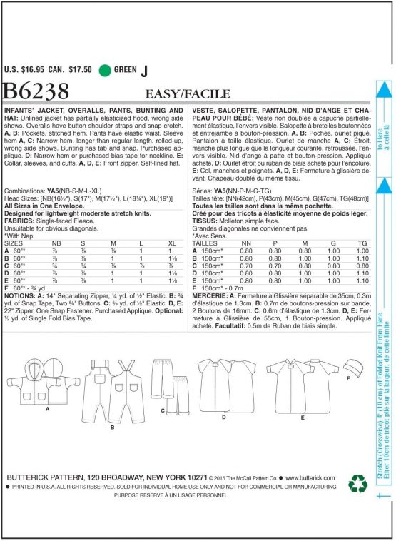 Butterick Patterns 6238 YA5,Infants Jacket,Overalls,Pants,Bunting and Hat,Sizes NB-S-M-L-XL, fleece, Multicolour, One Envelope - Image 4