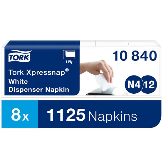 Tork 10840 Xpressnap Napkins N4 / Suitable for N4 Interfold Napkin System Dispensers/White / 1-Ply / 8 x 1125 (10.7 x 16.5 cm)