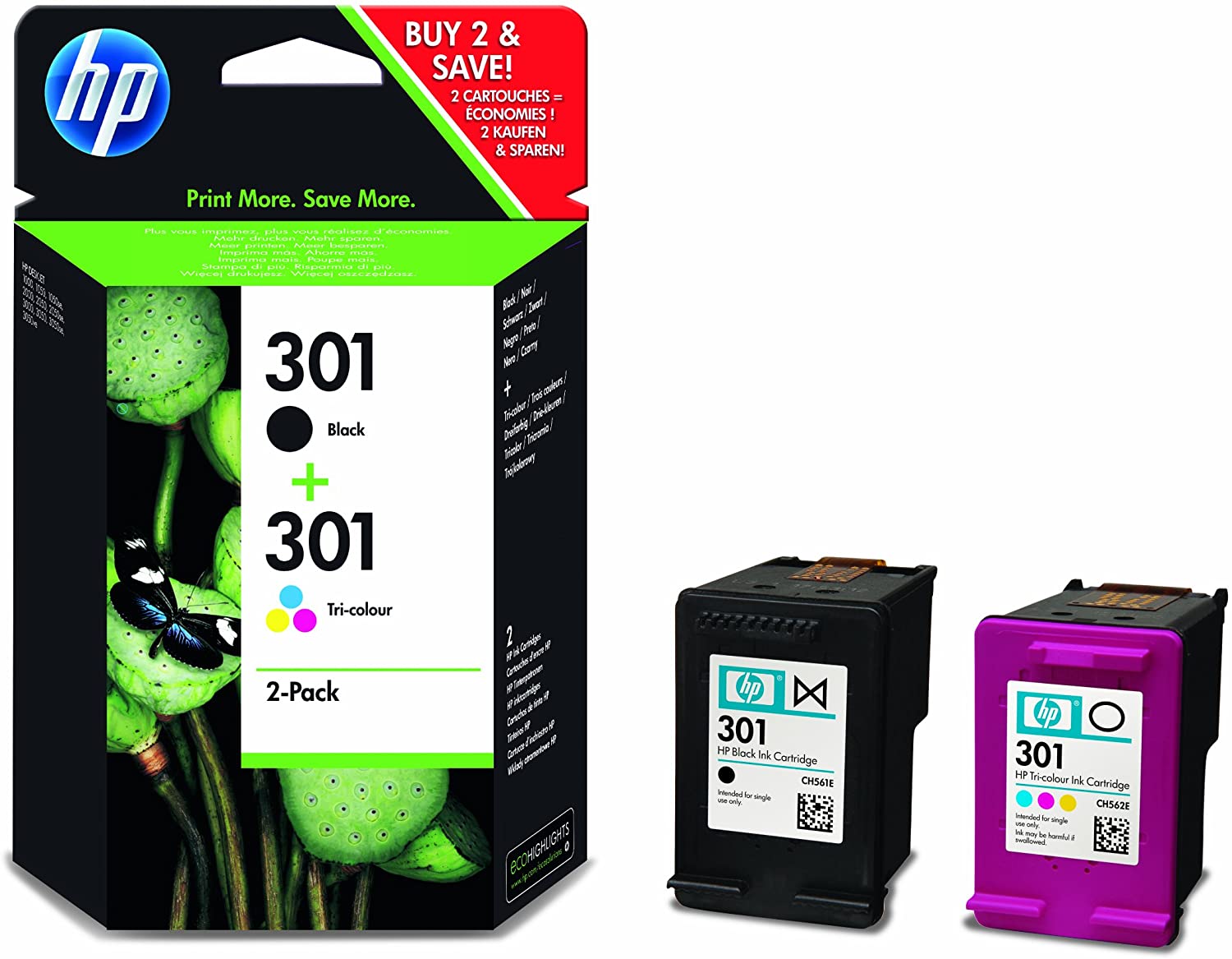 HP 301 Black and Tri-color Original Ink Cartridges, Multicolour, 1 - Pack - Image 2