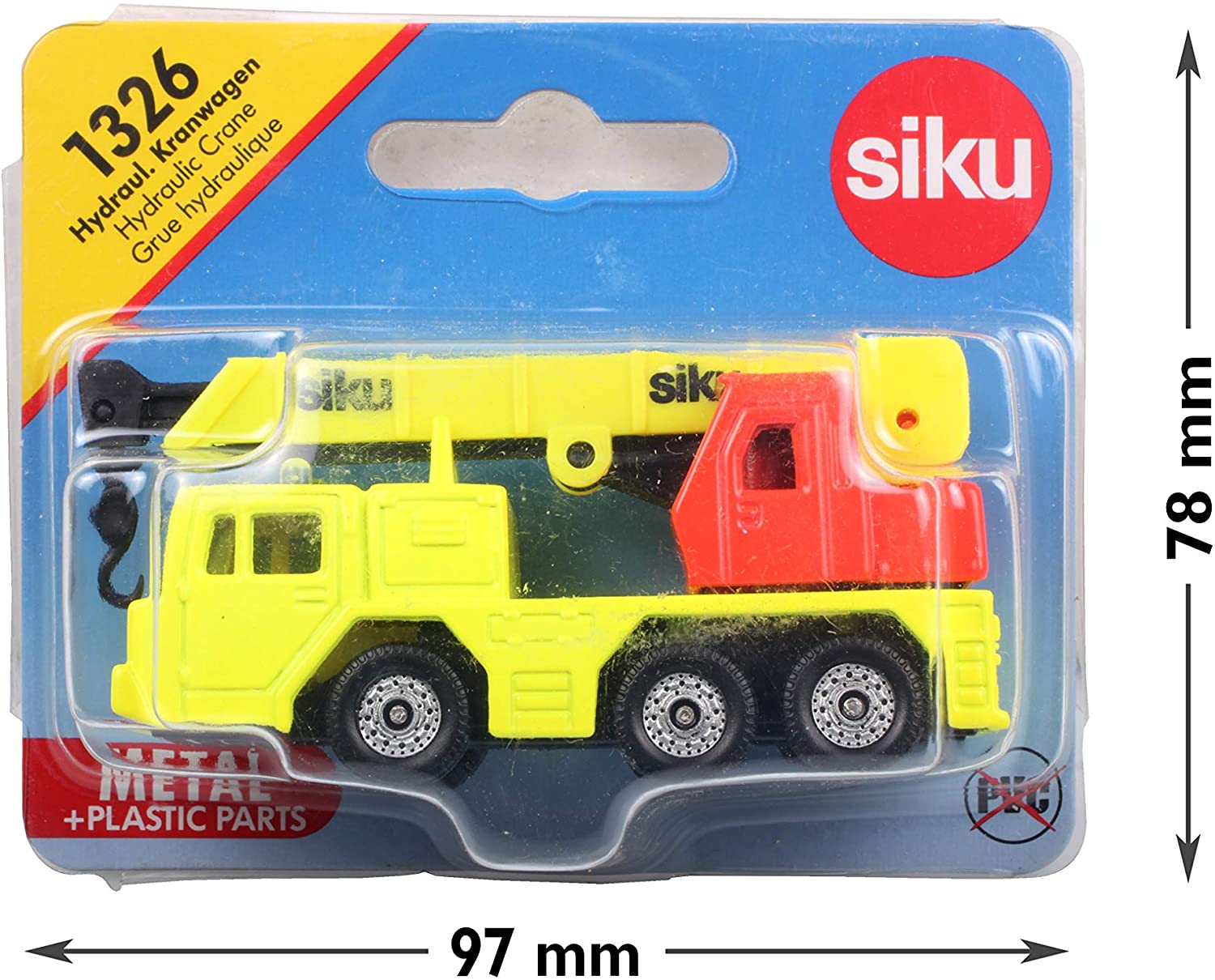 siku 1326, Hydraulic Crane Lorry, Metal,Plastic, Yellow,Red, Liftable crane arm, Yellow/Red, 7.6 x 2.8 x 3.7 cm - Image 2