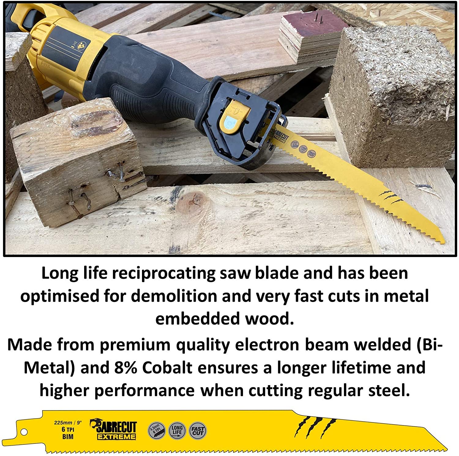 3 x SabreCut SCRS1110DF_3 225mm 6 TPI S1110DF Fast Wood and Metal Cutting Reciprocating Sabre Saw Blades, Yellow - Image 2