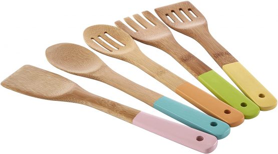 Premier Housewares 0805460 Kitchen Utensil Set, Pastel Handles 5 Piece, Bamboo, Multi/Coloured - Image 2