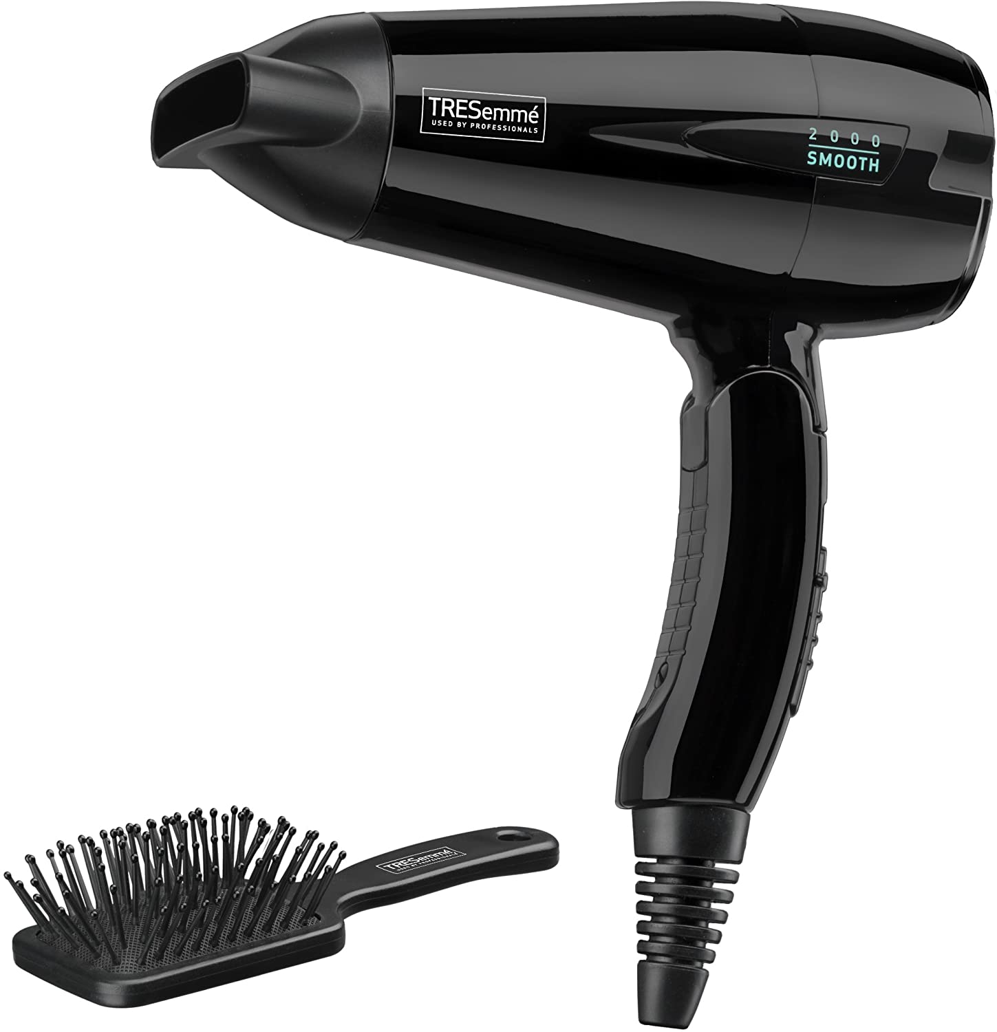 TRESemme Smooth Lustre Folding 2000 Travel Dryer, lightweight 2000W hair dryer with folding handle, includes mini hairbrush