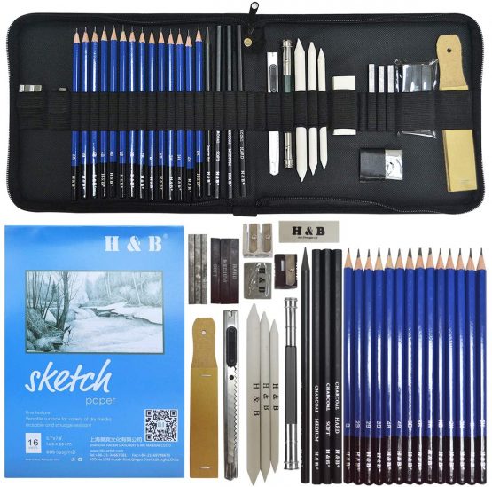 lunaoo Sketching Drawing Pencils Set, 36 PCS Art Supplies Artist Sketch Kit with Graphite Pencils Charcoal Pencil Set for Kids Adults