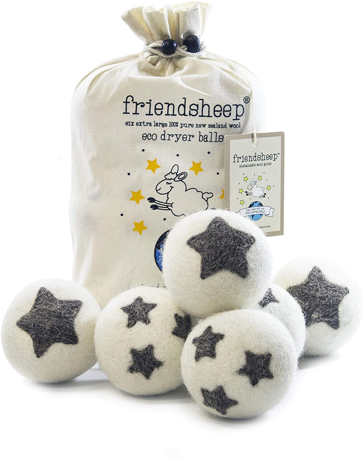 Friendsheep Organic Eco Wool Dryer Balls - 6 Pack - 100% Handmade, Fair Trade, Organic, No Lint - Premium Quality