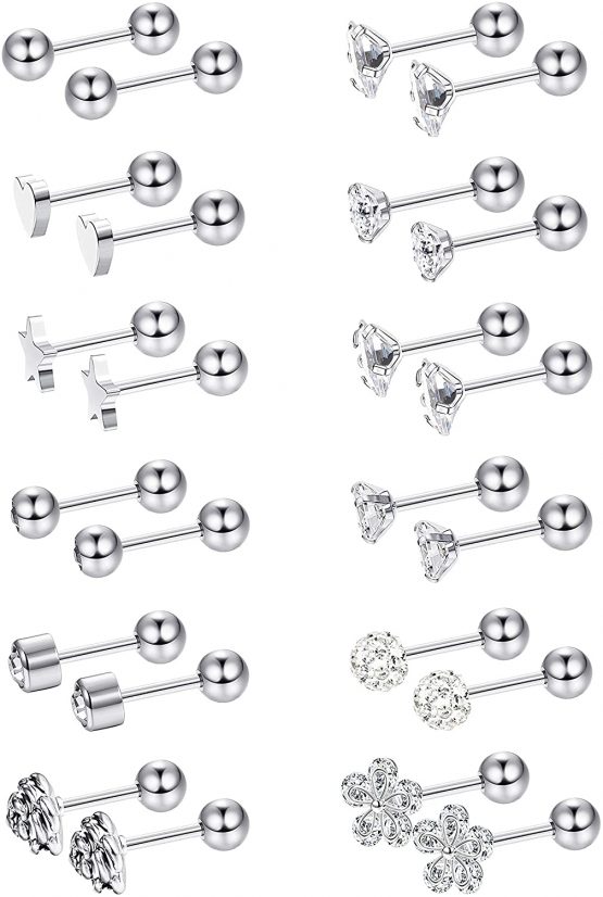 Milacolato 12 Pairs Stainless Steel Ball Stud Earrings Set Barbell Cartilage Helix Ear Piercing 4mm - Image 3