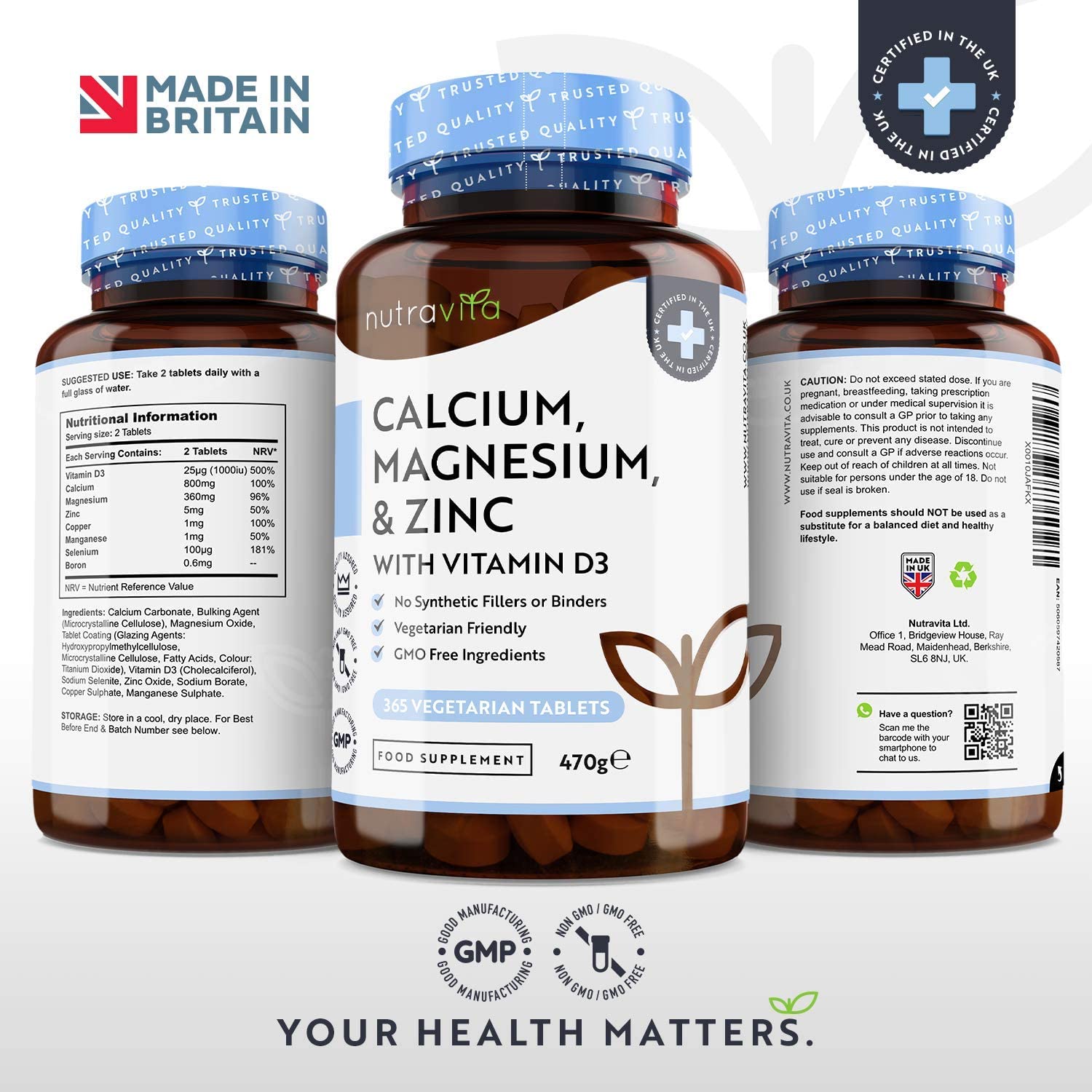 Calcium Magnesium Zinc & Vitamin D3 Supplement 365 Vegetarian Tablets