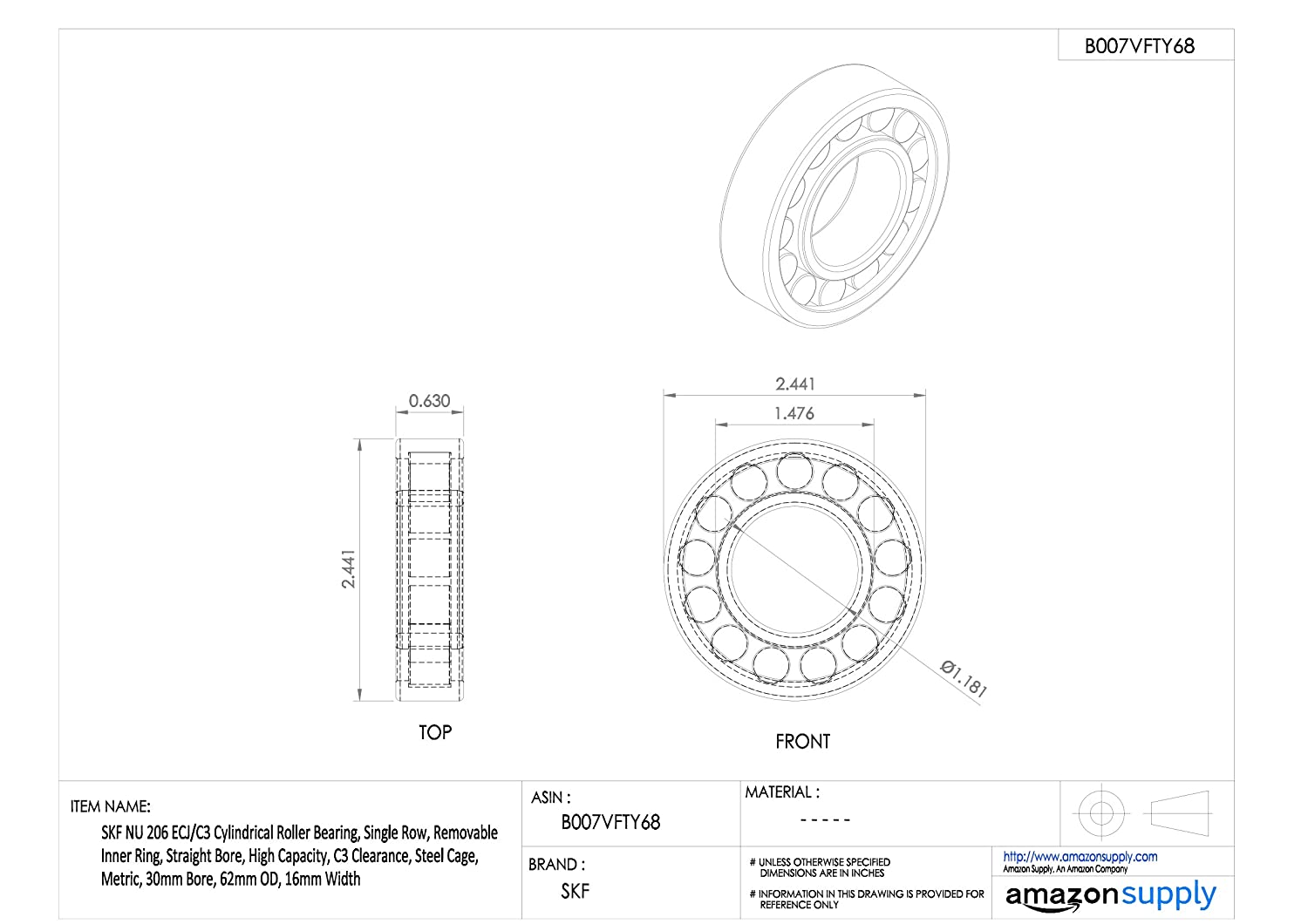 SKF Cylindrical Radial Roller Bearing, 30 ID, Bearing steel - Image 2