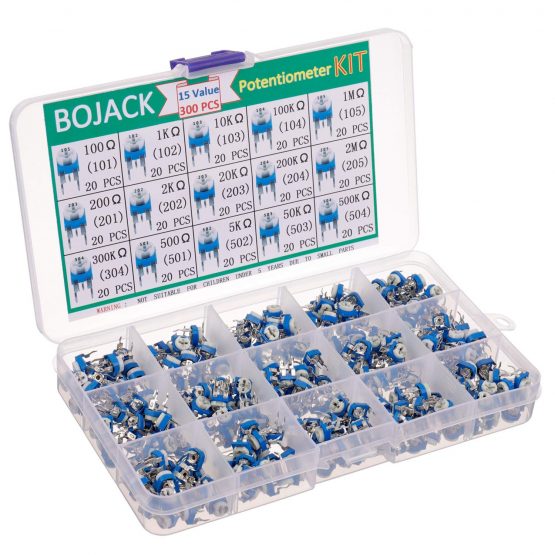 BOJACK 15 Values 300 pcs 100 Ohm- 2M Ohm Variable Resistor 6mm Potentiometer Assortment Kit packag in a Clear Plastic Box