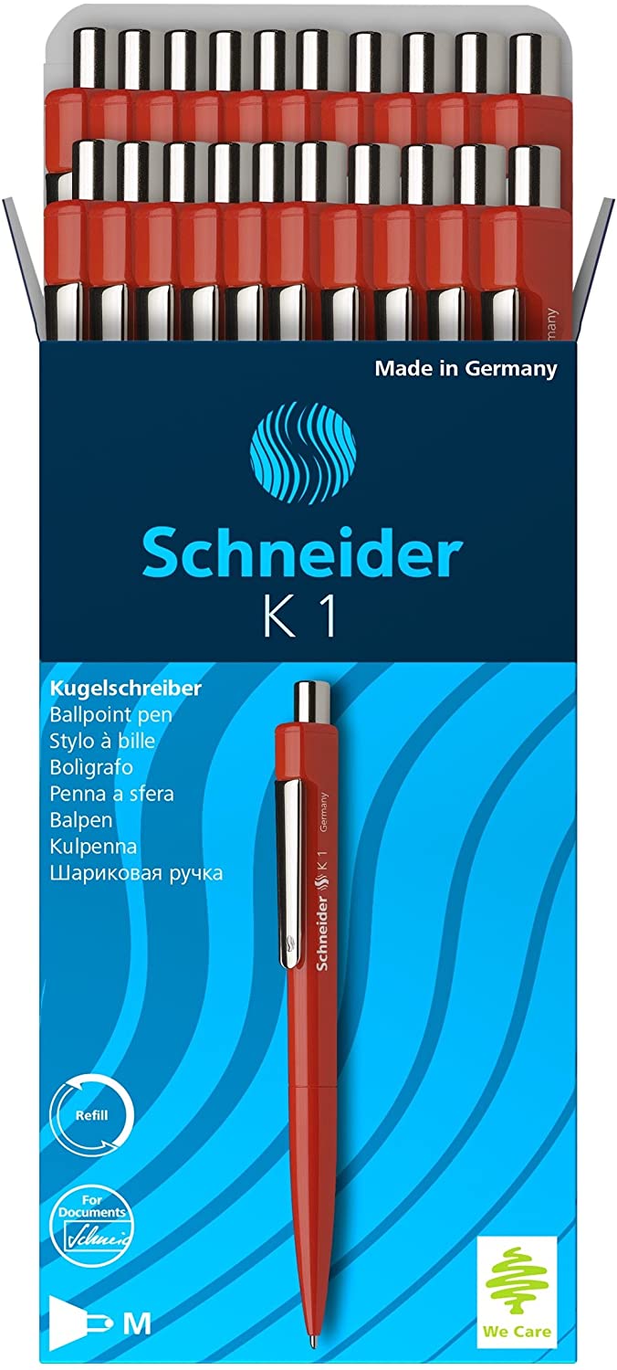 Schneider K 1 Retractable Ballpoint Pen (M, Indelible) Pack of 20 Red, 1 count (Pack of 20)
