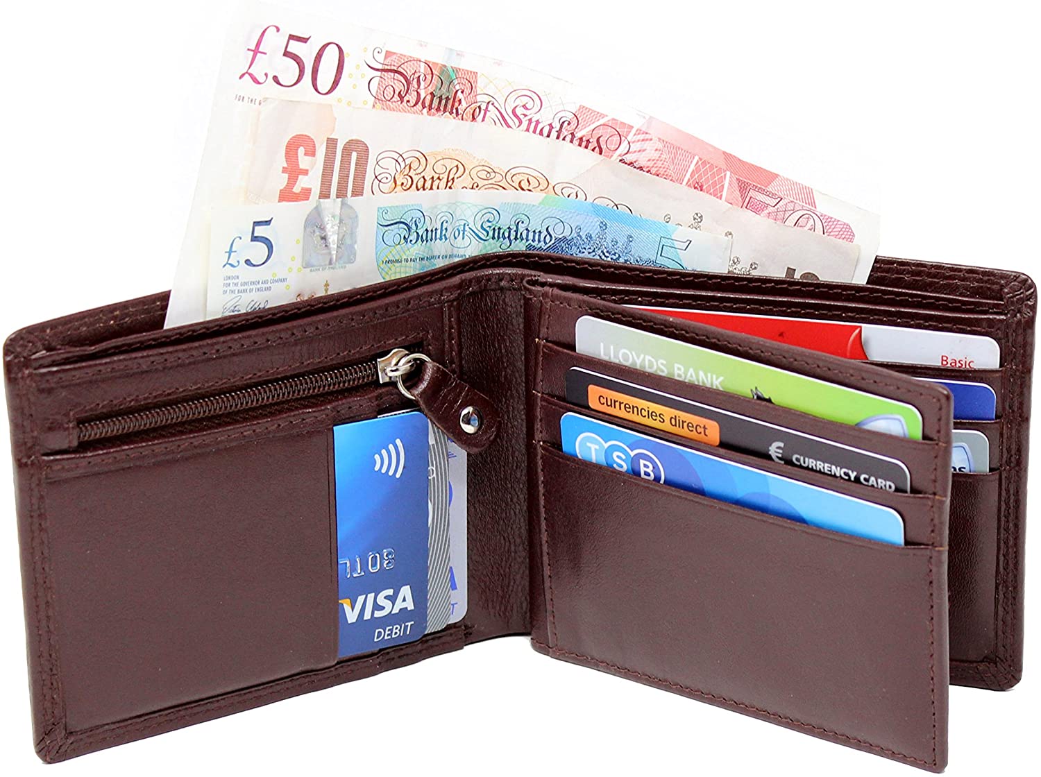 TOPSUM LONDON Genuine Leather RFID Blocking Bifold Wallet for Men, Luxury Designer Cardholder with Zip Coin Pocket - Image 3