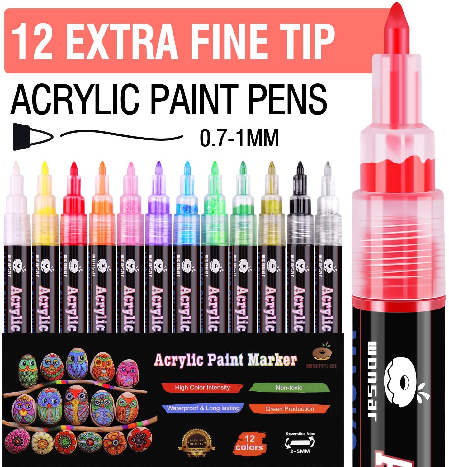 wonsar Acrylic Paint Pens for Rock Painting Stones Ceramic Porcelain Glass Pebbles Fabric Wood Kids DIY, Canvas (12 Fine Tip)