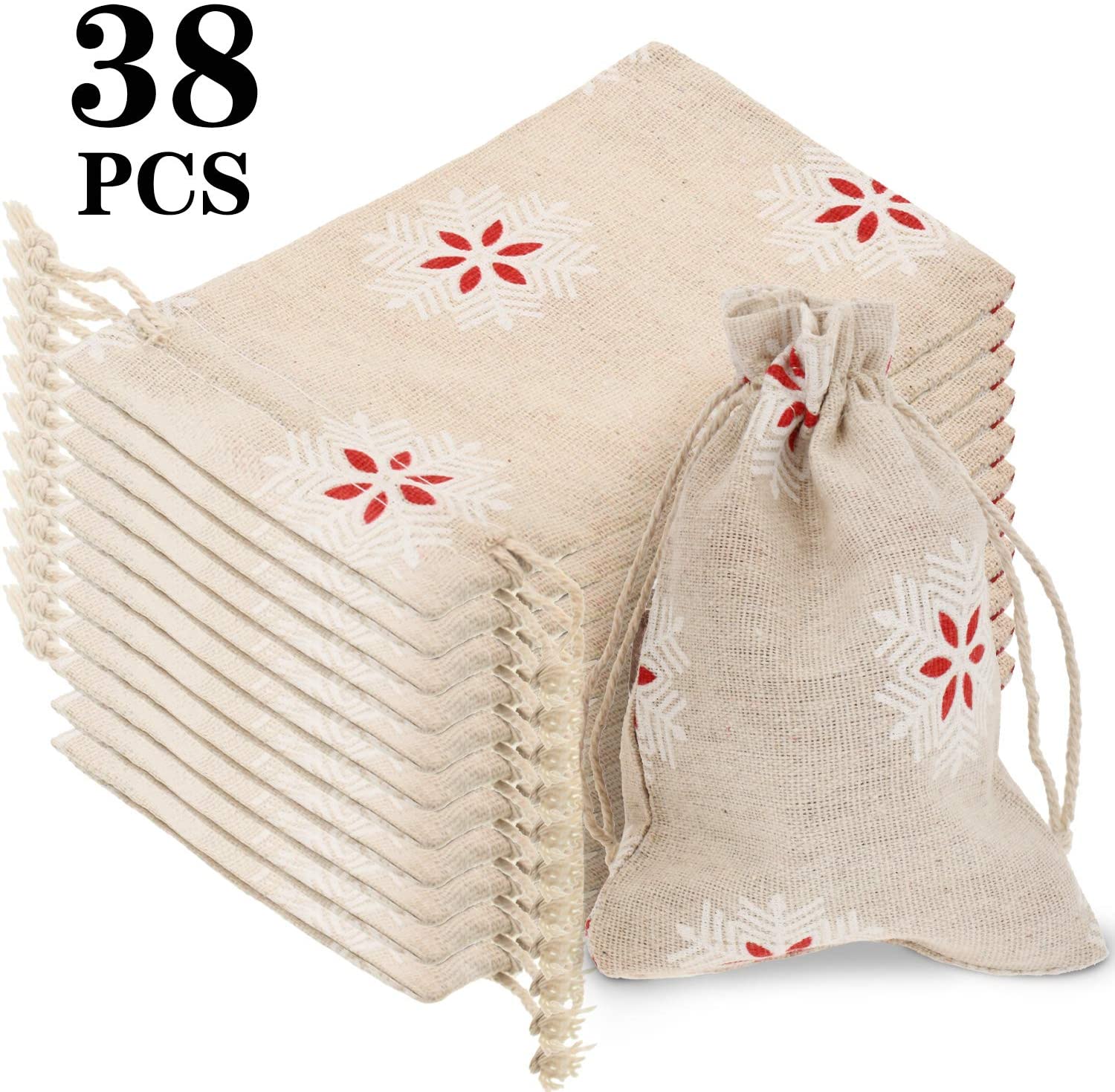 Boao 38 Pieces Christmas Snowflake Burlap Bags Burlap Pouch with Drawstring Small Treat Bags for Winter Christmas Party Supplies
