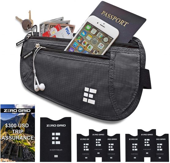Zero Grid Money Belt w/RFID Blocking - Concealed Travel Wallet & Passport Holder, Ash