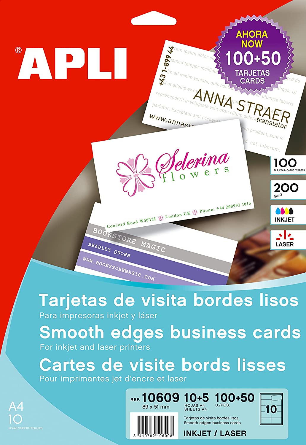 APLI Business Cards, White, 15 Sheets of 10 Cards each, Matte Finish, 89 x 51 mm, 200 g/m², 15 hojas