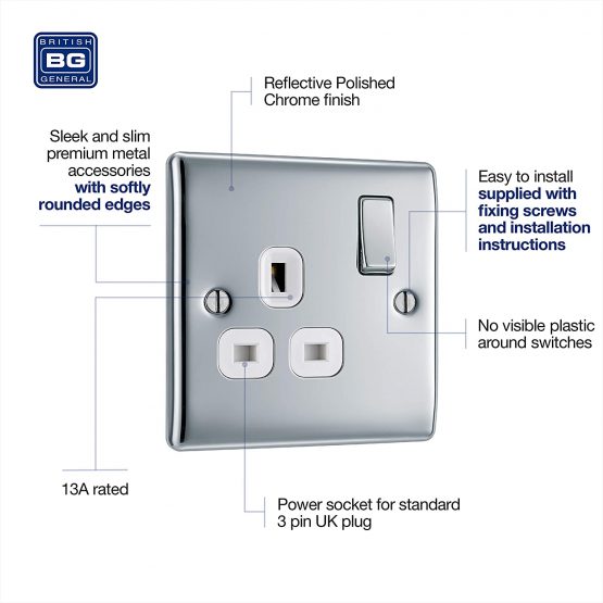 BG Electrical NPC21W Single Switched Power Socket with White Inserts, Polished Chrome, 13 Amp - Image 3