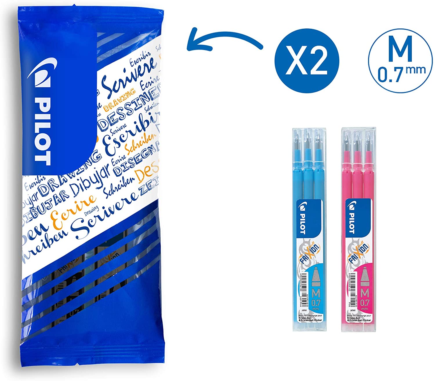 Pilot FriXion Refills 0.7, Pack of 6, Colours Light Blue/Pink, FriXion Erasable Ink Refills