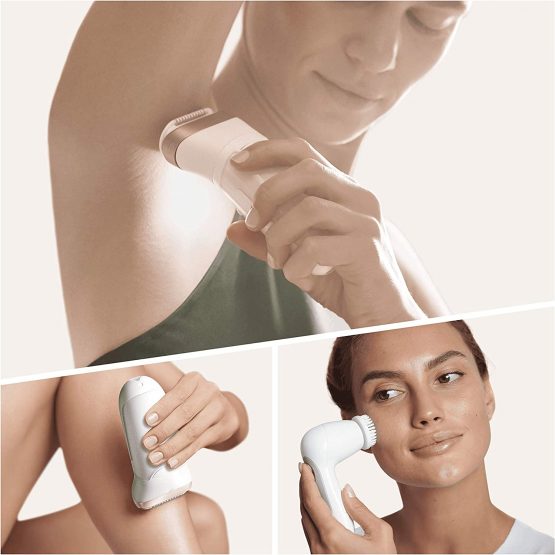 Braun Silk-épil 9 Epilator Hair Removal, Includes Facial Cleansing Brush High Frequency Massage Cap Shaver & Trimmer Head, Cordless, Wet & Dry, 100% Waterproof, 2 Pin Bathroom Plug, 9-880, White/Pink - Image 4