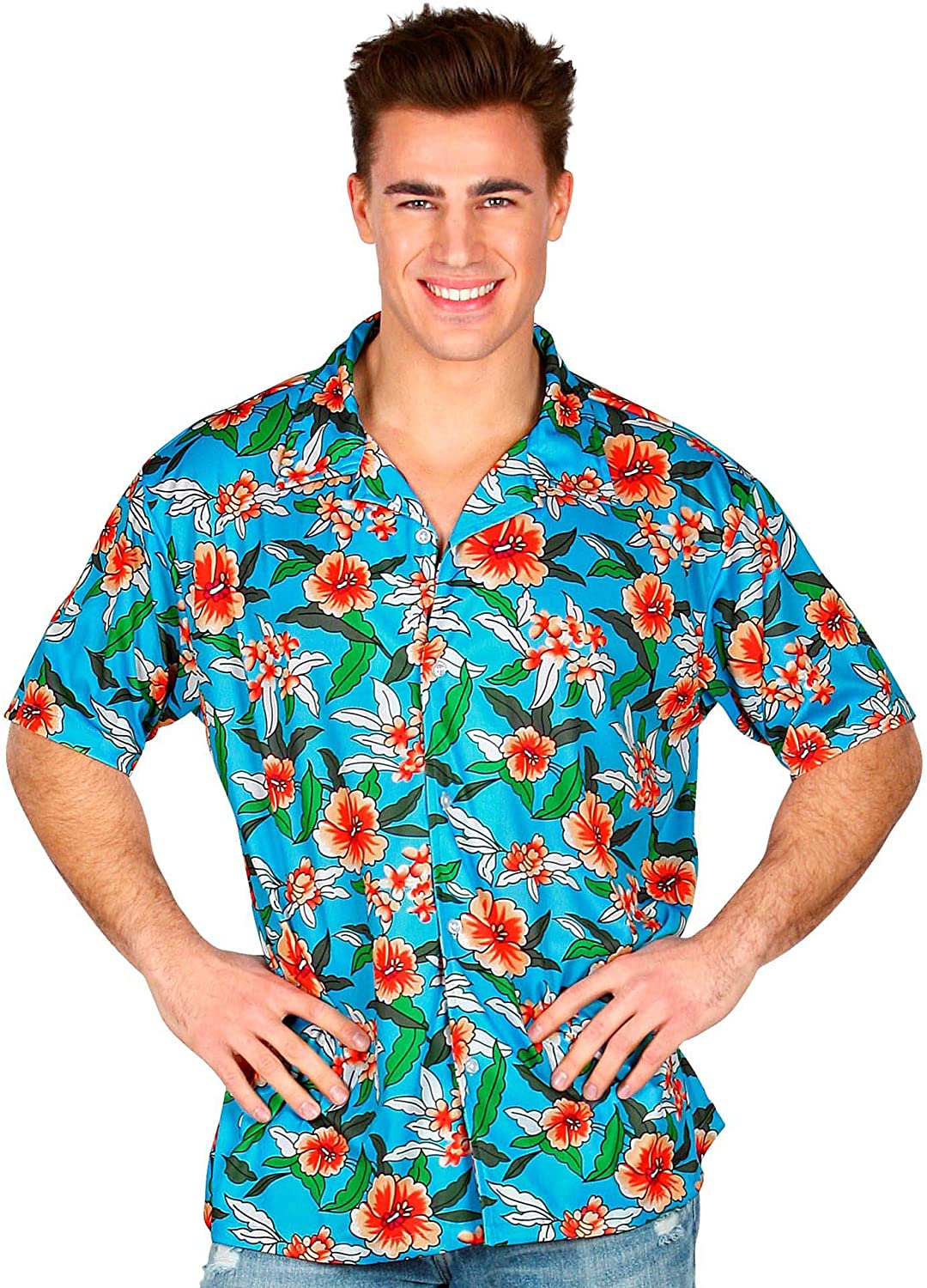 Widmann W MILANO Party Fashion - Hawaii Shirt Men's Floral Shirt Beach Party Fancy Dress Costumes, Blue, M-L