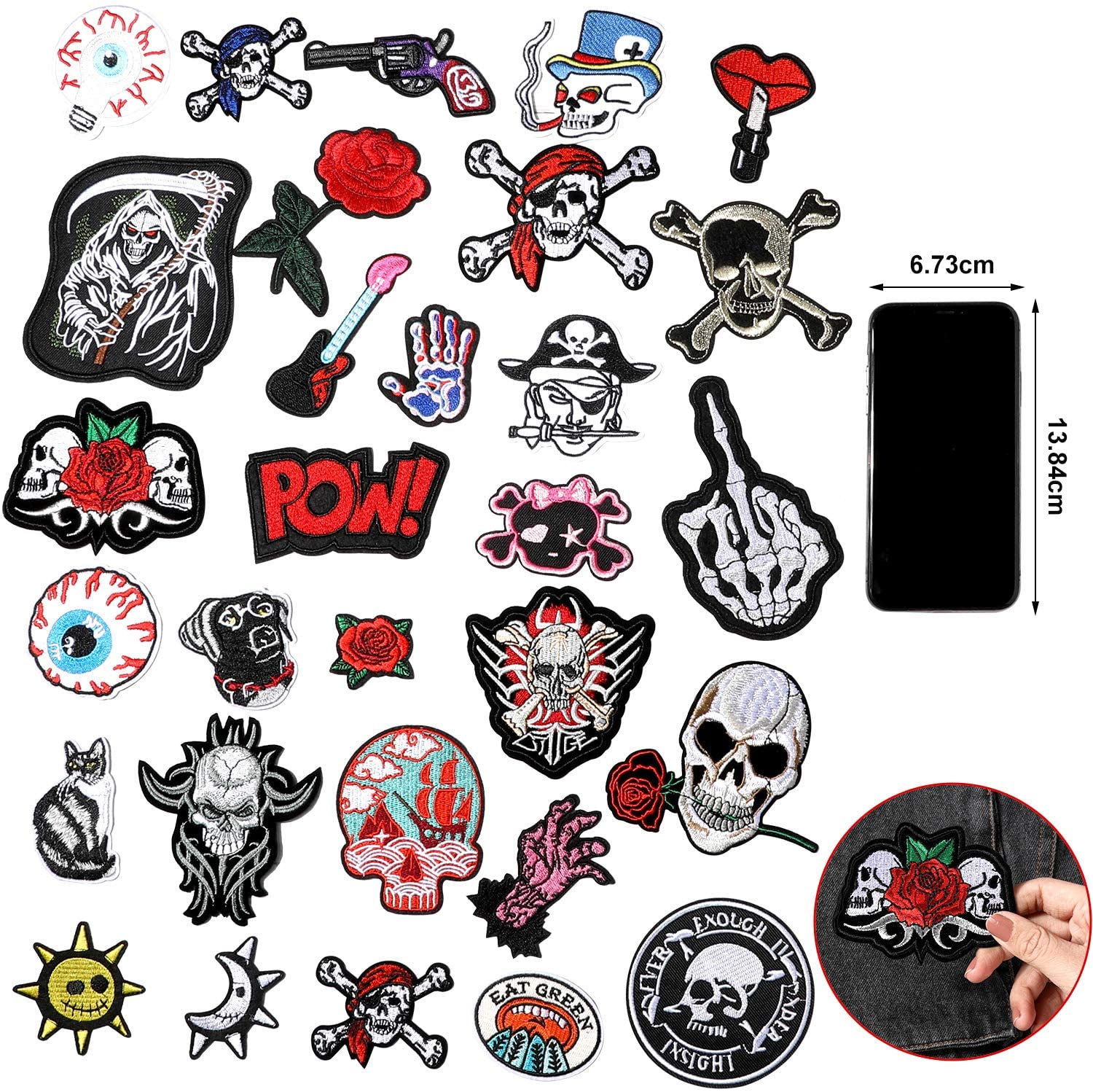 30 Pieces Rock Punk Band Patch or Alien Patches Punk Iron-on Patches Assorted Punk Embroidered Iron-on Patches Skull Eye Ball Pattern for Halloween Jackets Hat Clothing Bags - Image 3