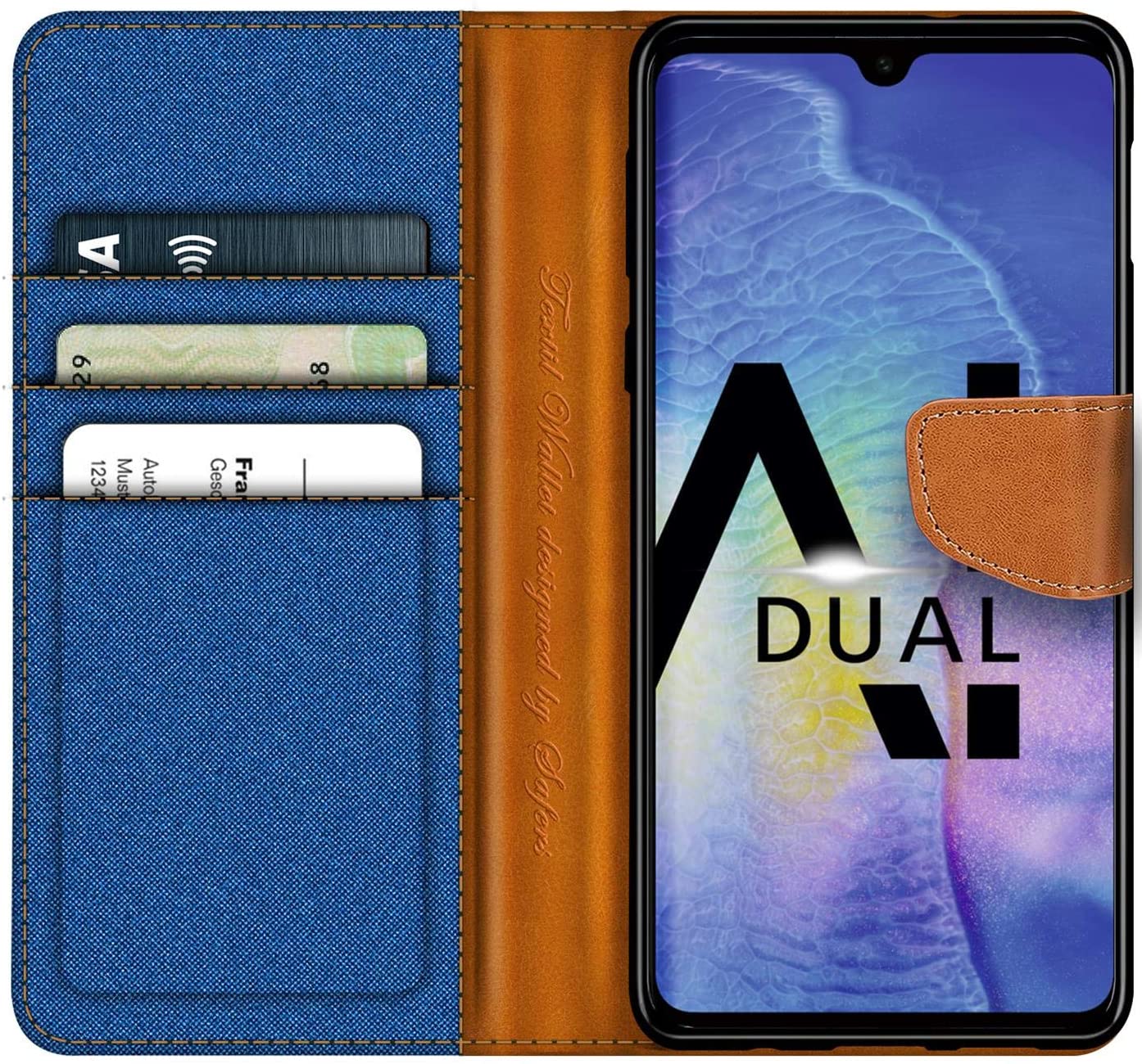 Verco Phone Wallet Case compatible with the Huawei Mate 20, Canvas Faux Leather Book Cover for the Mate 20 Flip Case Bag Hinged - Blue - Image 2