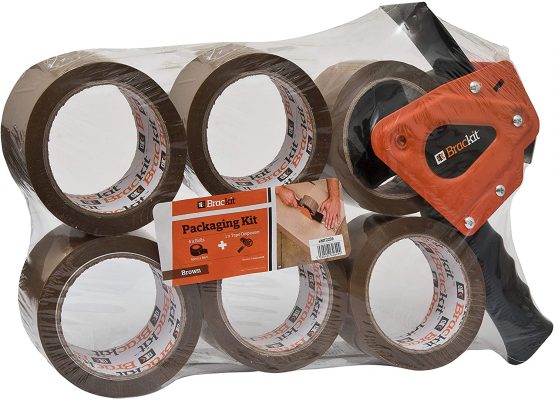 MT2259 - Brackit Brown Packaging Tape with Dispenser, 48mm x 66m, Pack of 6 Rolls – Strong Heavy Duty Packing Tape for Regular Use or Moving – Easily Seals Your Parcels and Boxes