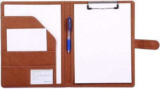 Clipboard Folder Clipboard A4 Folder Conference for Legal Pad, Faux Leather Clipboard Foldover with Cover Writing Work Folio Refillable Organiser Portfolio Clip Board (Brown)