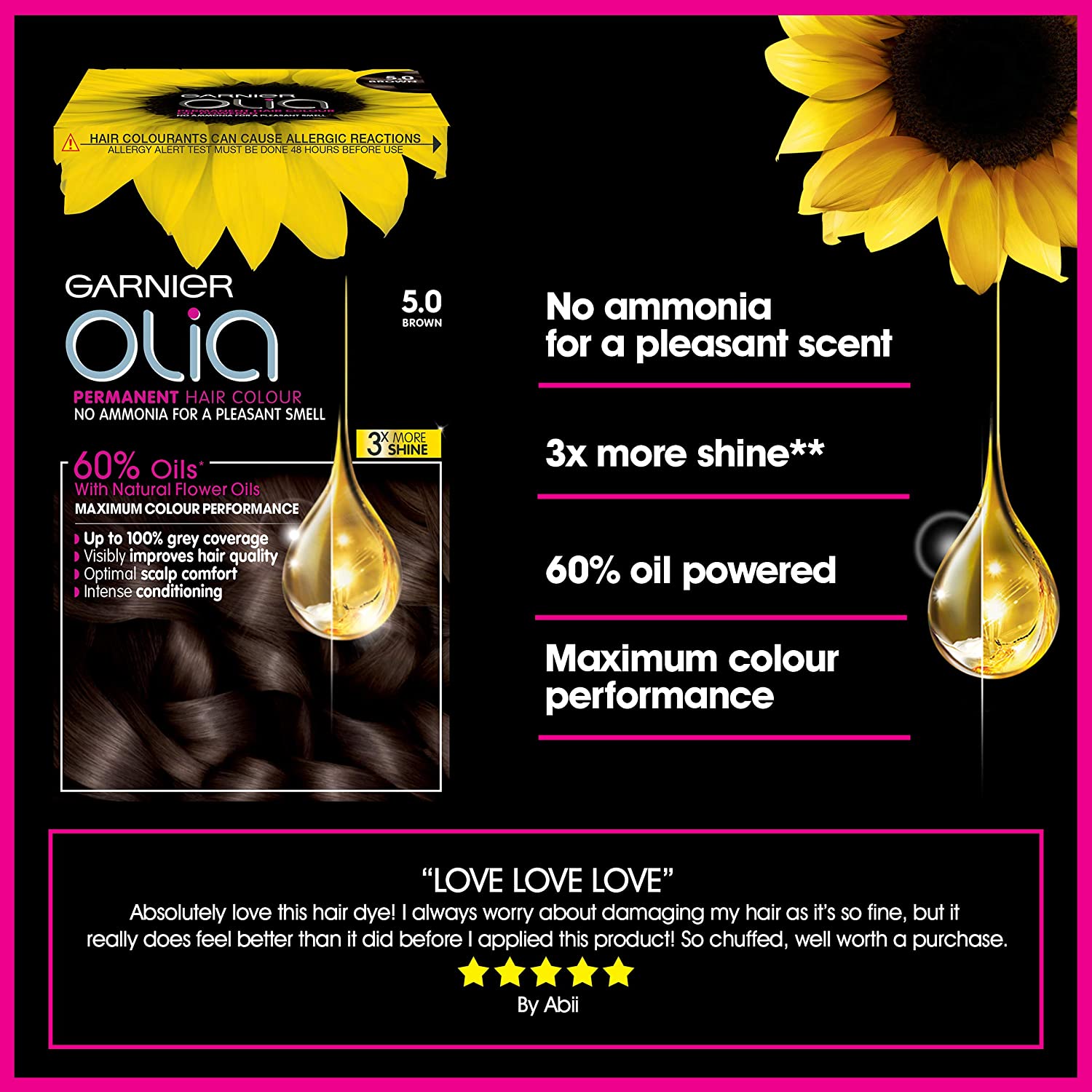 Garnier Olia Brown Permanent Hair Dye, Up to 100% Grey Hair Coverage, NO Ammonia, 60% Oils - 5.0 Brown - Image 3