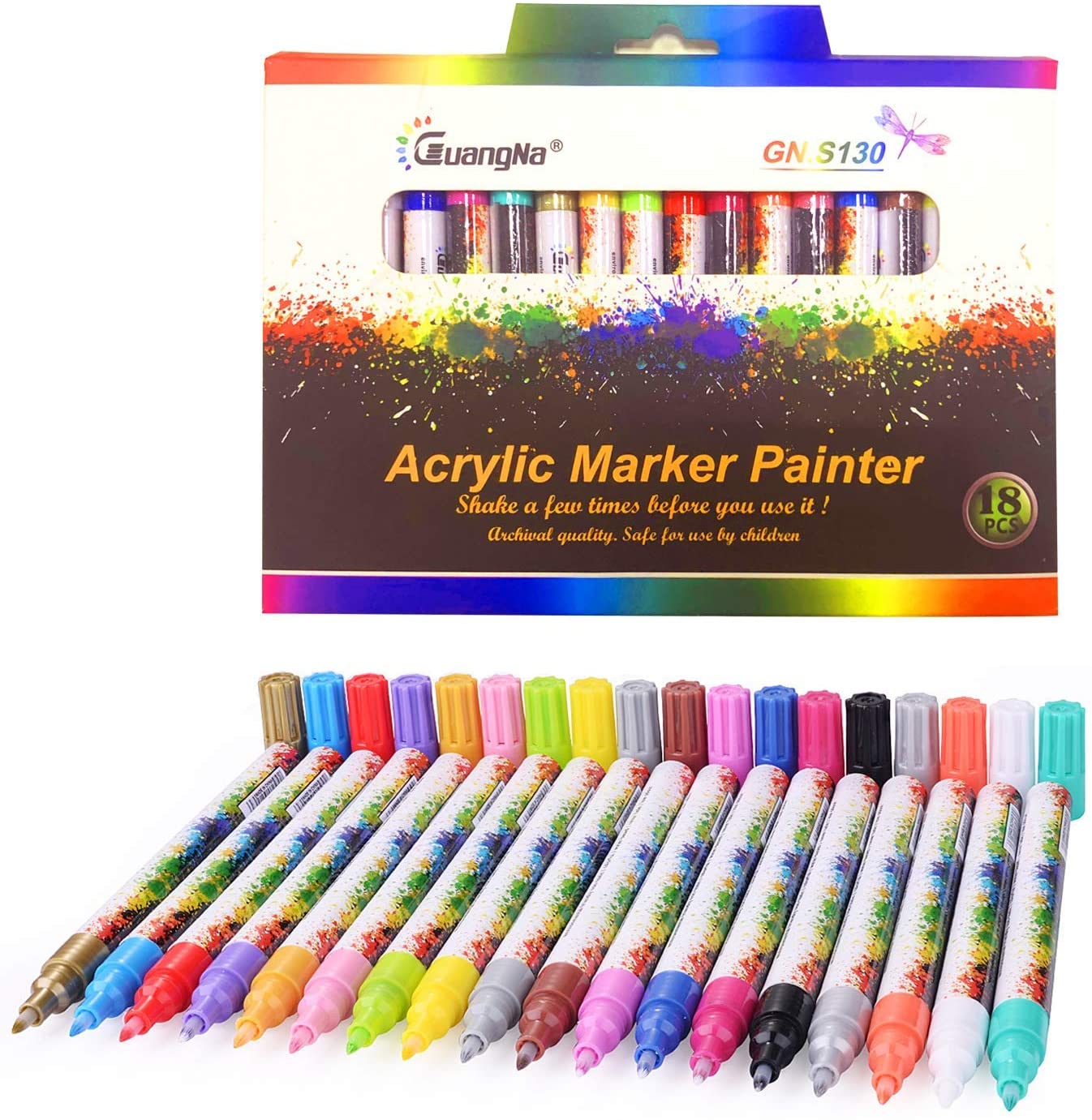 EKKONG Acrylic Paint Pens, Set of 18 Colors Paint Marker Pens for Rock