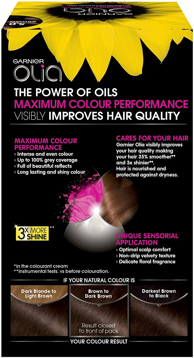 Garnier Olia Brown Permanent Hair Dye, Up to 100% Grey Hair Coverage, NO Ammonia, 60% Oils - 5.0 Brown - Image 2