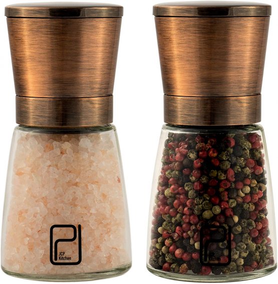 Premium Copper Salt and Pepper Mill Set - Stainless Steel Grinder Set with Stand, Magnetic Lids, Ceramic Spice Grinders with Adjustable Coarseness, Top Salt and Pepper Shakers with Glass Body - 2pcs