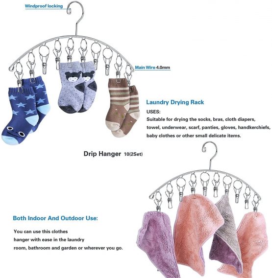 KEREITH 3Pack Sock Dryer Hanger Laundry Drying Rack Indoor Outdoor Drip Hanger with 10 Pegs Drying Towels, Diapers, Baby Clothes,Underwear, Gloves,Delicate Bras - Image 4