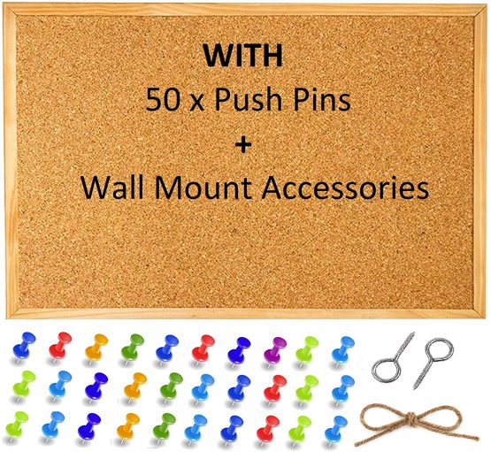 Large Cork Pin Notice Board Bulletin Vision Boards For Home Bedroom offices Memo Message Pictures Planner Display Organiser Wood Frame Corkboard - Wall Mount Screws And 50 Push Pins - 600 x 400 mm