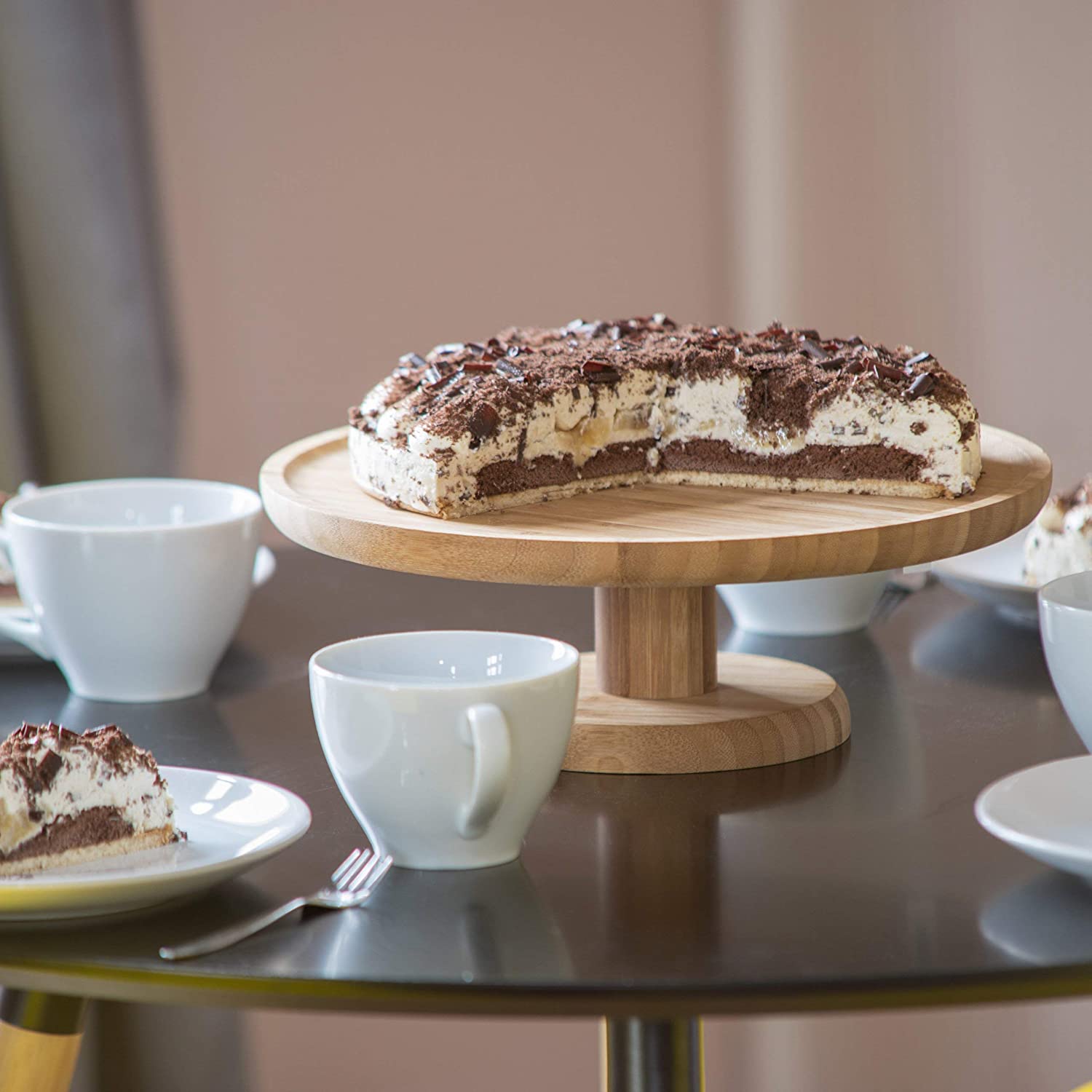 Relaxdays Round Cake Stand, 33 cm, Bamboo, with Pedestal Foot, Size: ca 11.5 x 33 cm, Natural Brown, 33 x 33 x 11.5 cm - Image 2