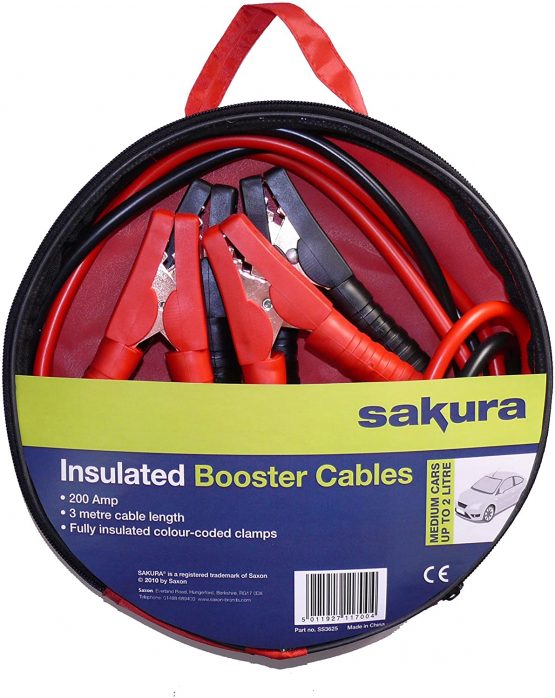 Sakura Booster Cables Jump Start Leads SS3625 - 200 Amp 3 m Colour Coded Clamp - For Cars Vehicles Up To 2.0L/2000CC - Flat Battery