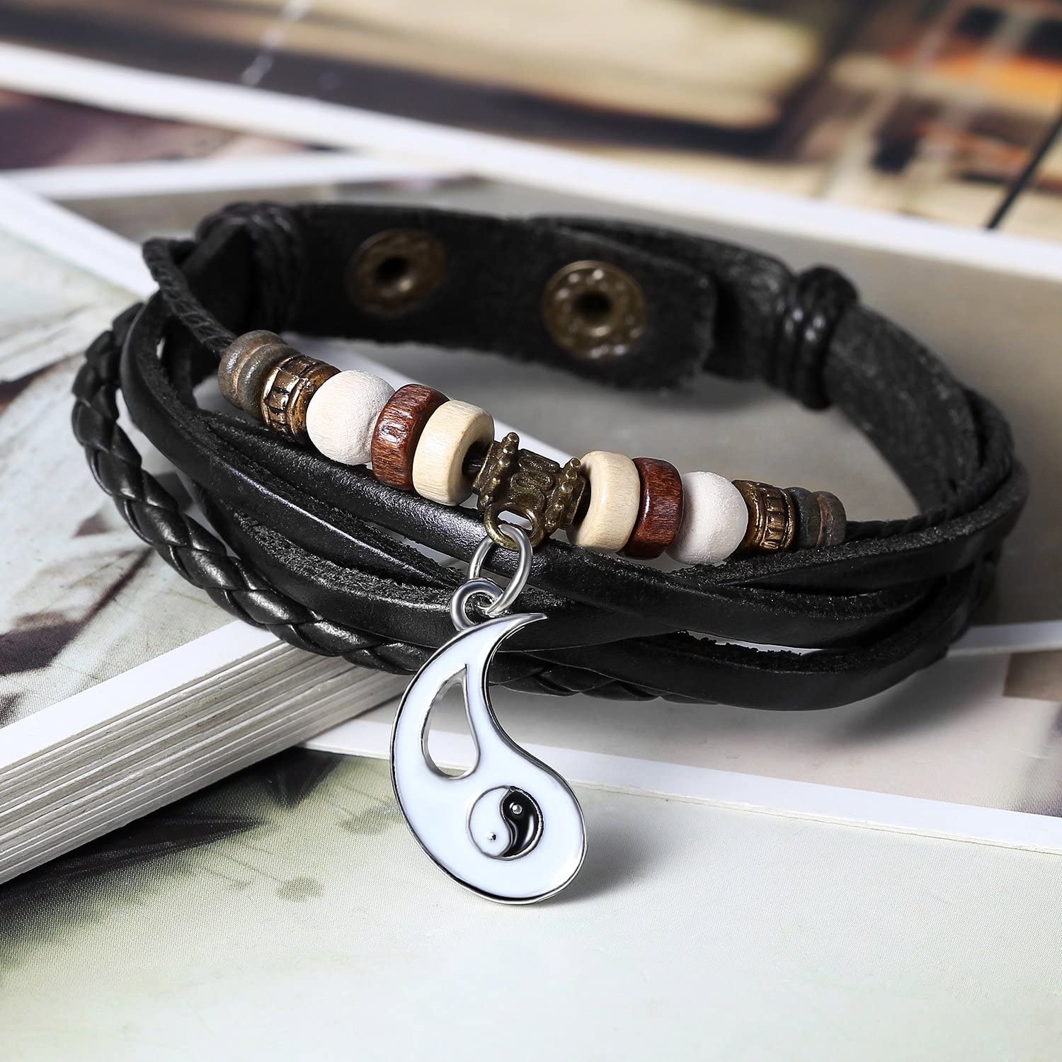 Flongo Men's Womens 2PCS Vintage Taichi Yin Yang Matching Beads Leather Strap Cuff Bracelet, 8.7 inch, Model A, 22 cm - Image 2