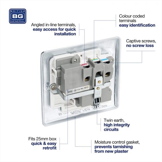 BG Electrical NPC21W Single Switched Power Socket with White Inserts, Polished Chrome, 13 Amp - Image 4