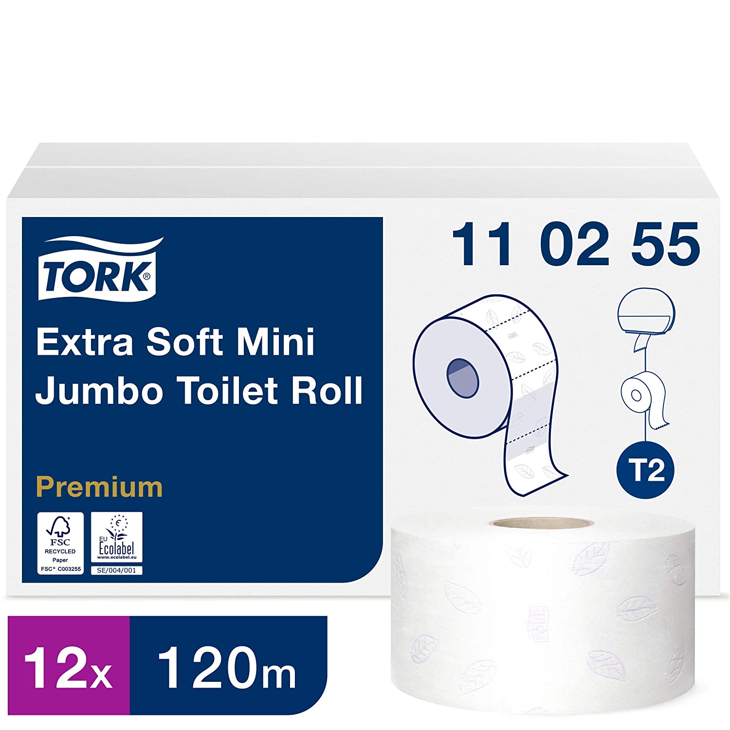 Tork Extra Soft Mini Jumbo Toilet Paper Roll White T2, Premium, 3-ply, 12 x 120 metres, 110255, 600 sheet (Pack of 12)