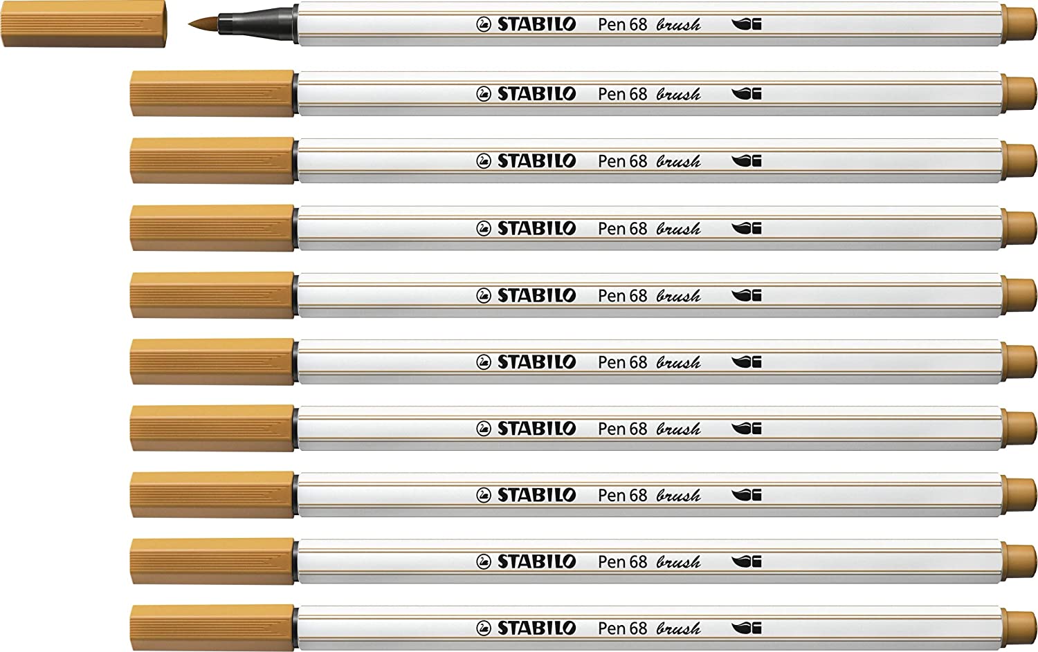 STABILO Pen 68 brush - Premium Fibre-Tip Pen with Brush Tip - Pack of 10 - Dark Ochre, 1 count (Pack of 10)