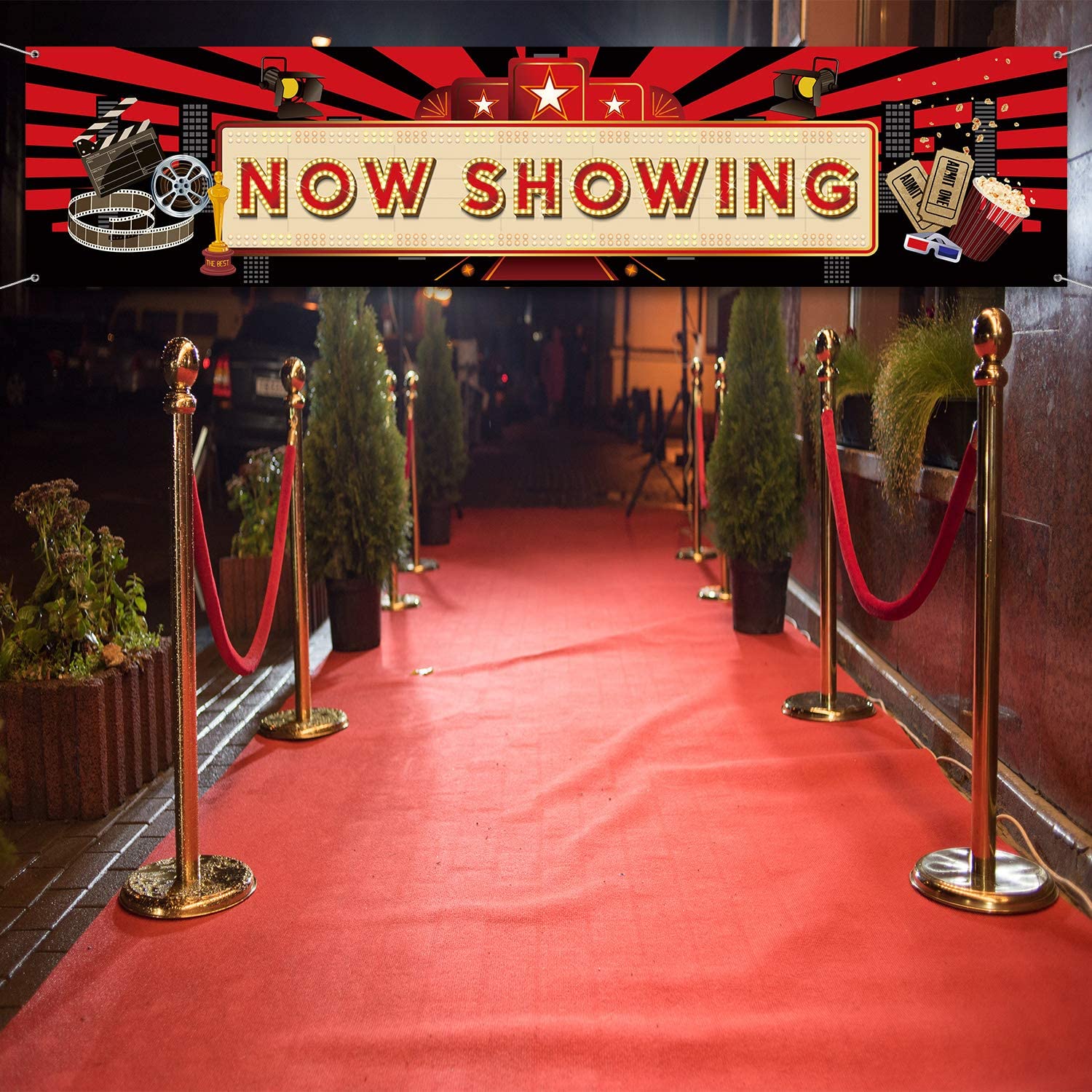 Blulu Movie Night Party Decorations 2025 Now Showing Banner 70. 8 x 15. 7 Inch Red Carpet Backdrop Decorations Movie Backdrop Birthday Party Banner Baby Shower Birthday Supplies - Image 4