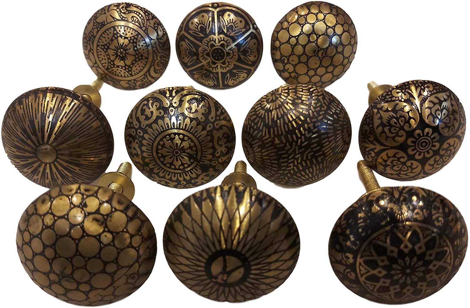 KNOBSWORLD Set of 10 Brass Knobs - Kitchen Cabinet Pulls, Cupboard & Furniture Drawer Handles - Brass Patterned