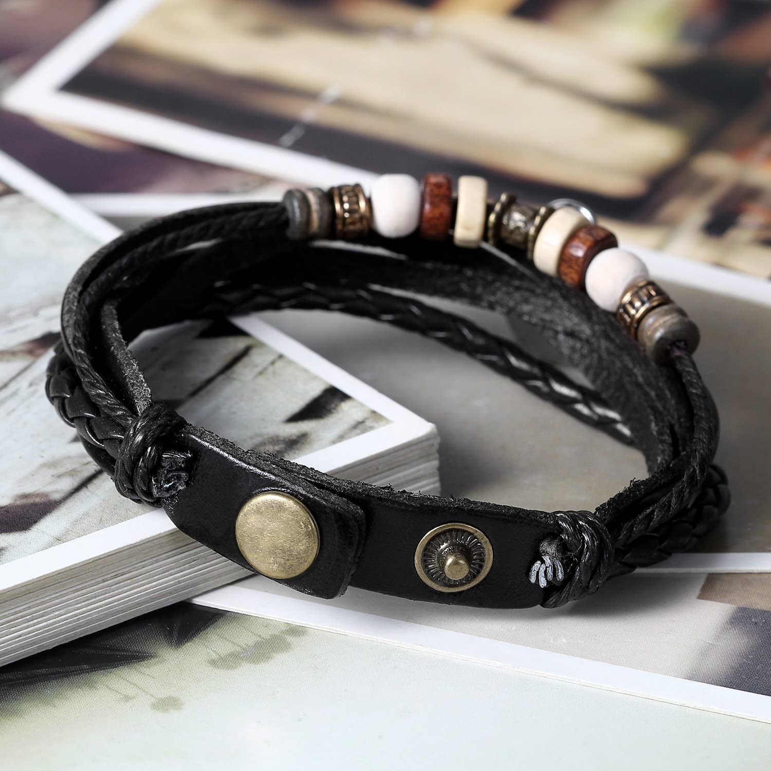 Flongo Men's Womens 2PCS Vintage Taichi Yin Yang Matching Beads Leather Strap Cuff Bracelet, 8.7 inch, Model A, 22 cm - Image 3