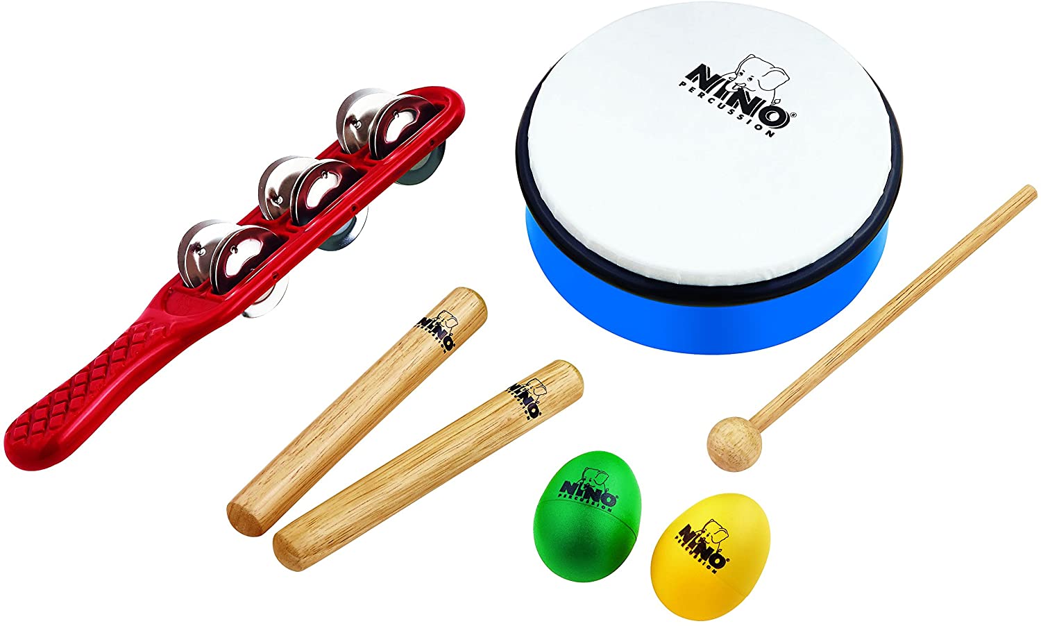Nino Percussion NINOSET3 Children's Instrument Set (7 items) Jingle Stick, Wooden Claves, Egg Shakers, ABS Hand Drum