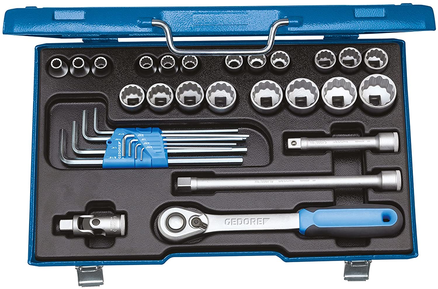 GEDORE 31-piece Socket spanner set, Bi-hex, 1/2", 10-36 mm, Tool, Ratchet with lever reverse Allen, for Automotive D19 KMU-20