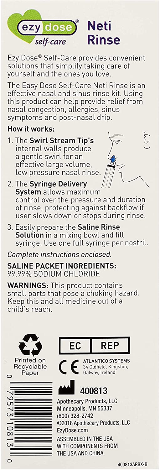 Ezy Dose 400813A Neti Rinse Nasal and Sinus Rinse Kit- Swirl Stream Tip, with 10 Pack of Saline, Clear, 10 Count (Pack of 1) - Image 4