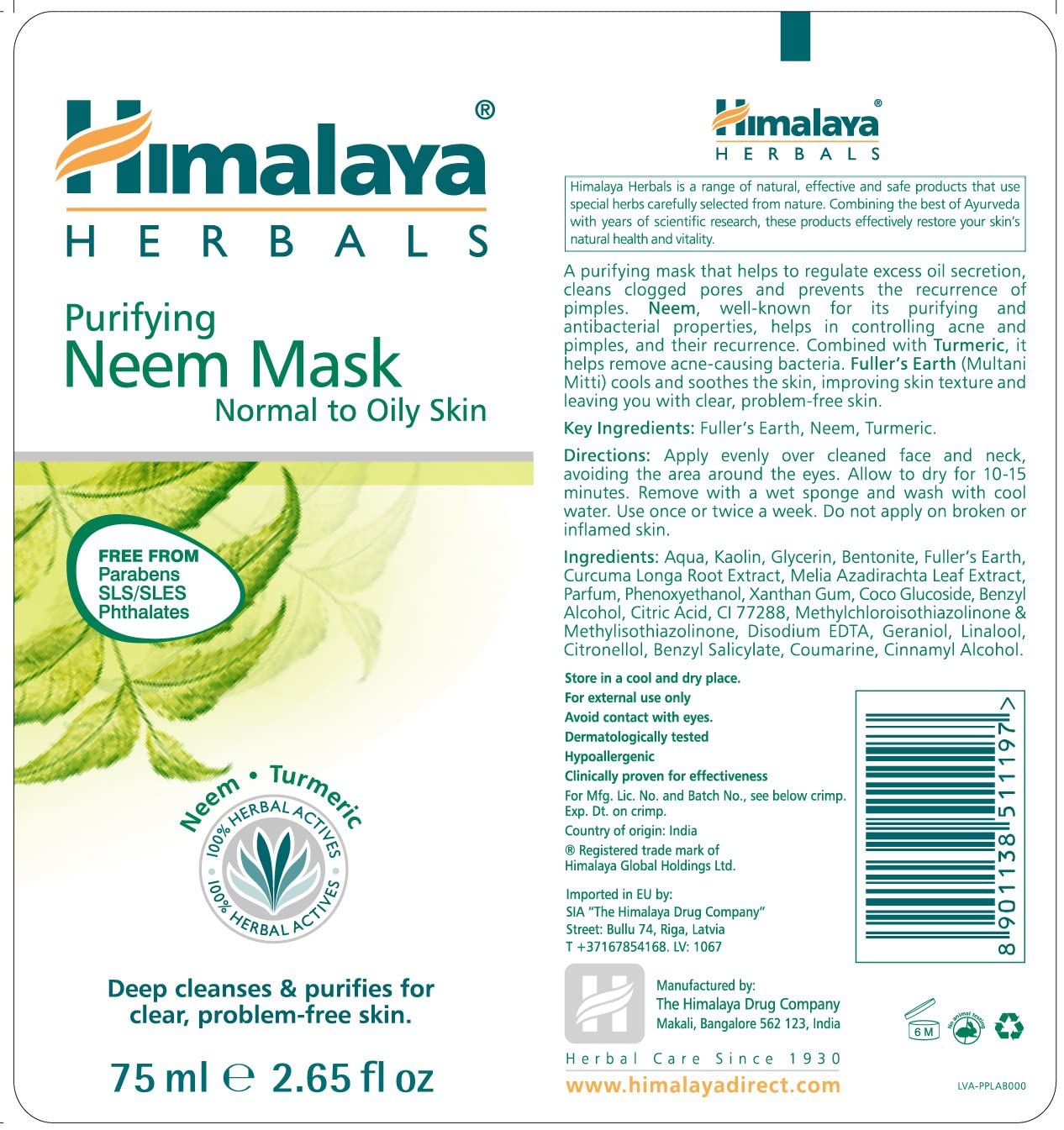 Himalaya Purifying Neem Mask with the Goodness of Neem & Turmeric Best Suited for Normal to Oily Skin -75ml - Image 2