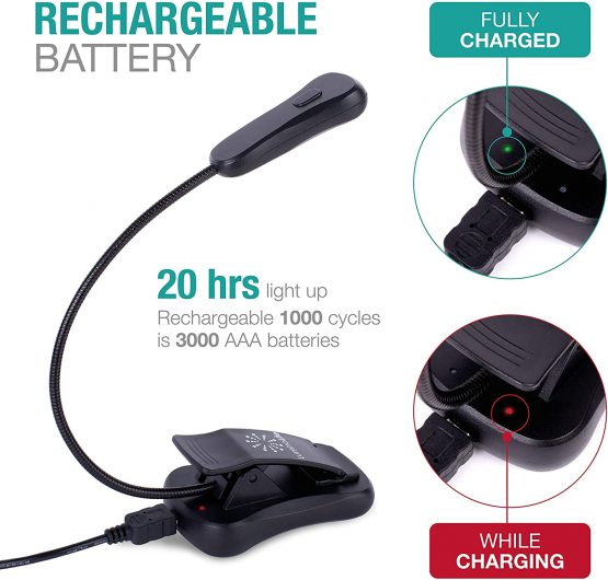 Luminolite Rechargeable Book Light, 3000K Warm 6 LED,Easy Clip Lights