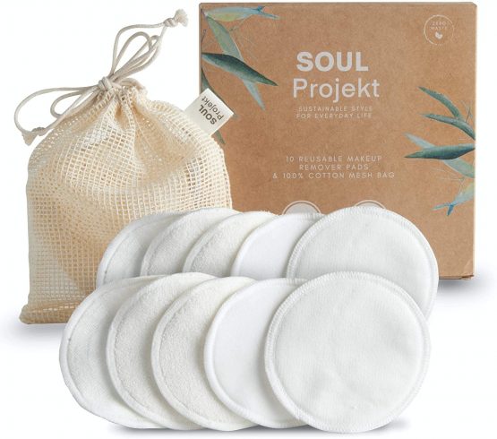 Soul Projekt Reusable Cotton Pads (10 Pack) 3 Layer Makeup Remover Pads, Washable Face Wipes Organic Bamboo Cotton, Mesh Laundry Bag, Eco-Friendly, For All Skin Types (8cm)