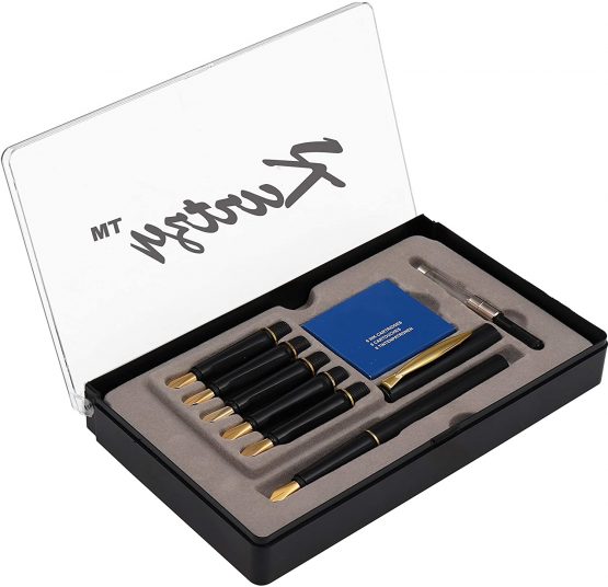 Kurtzy Fountain Calligraphy Pen Set with 6 Nibs, Cartridges and Ink Adaptor (14 Pieces) - Writing Fountain Pen with Blue Ink - Perfect Gift for Beginners and Adults